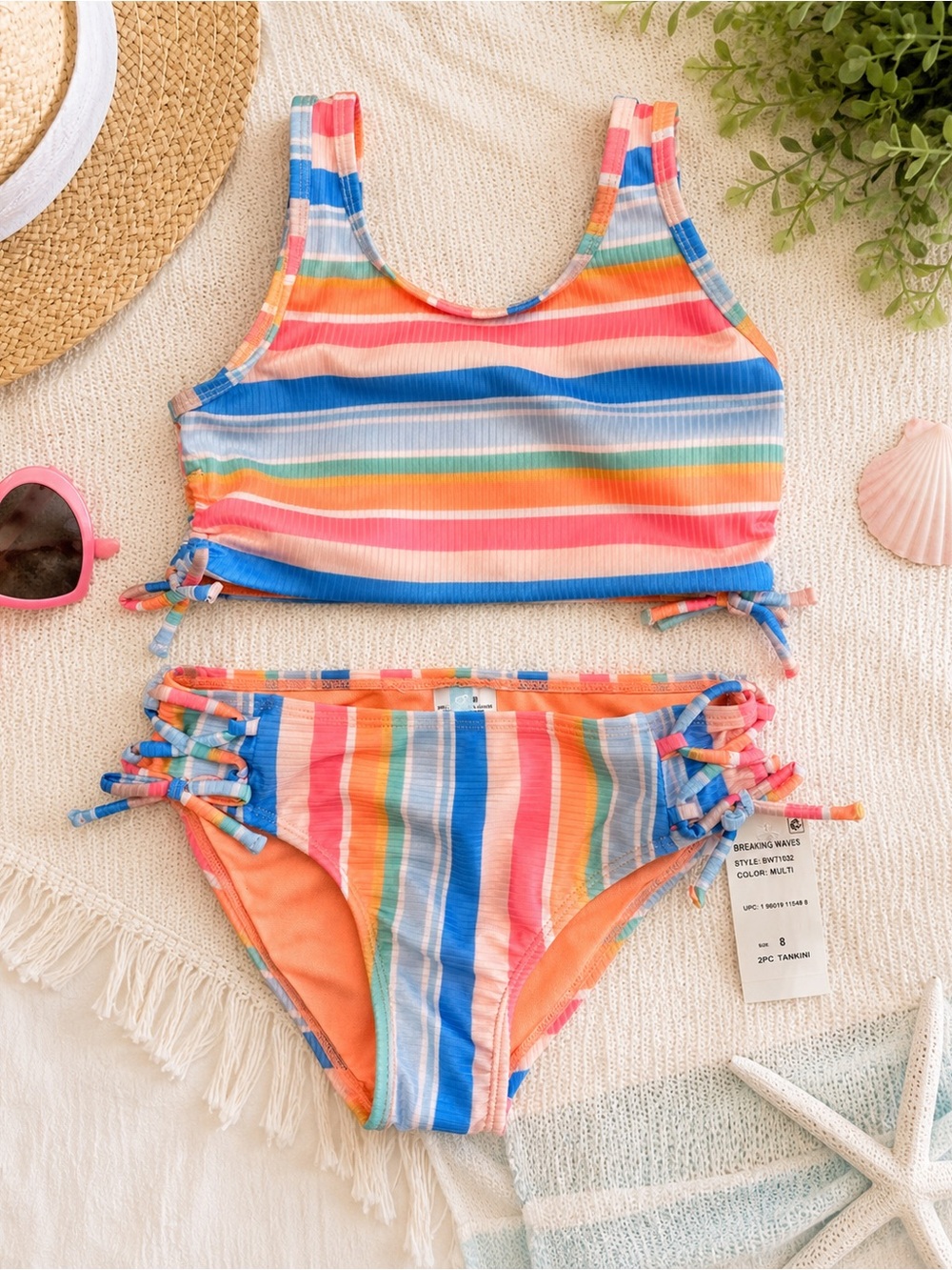 NWT Breaking Waves Girls Size 8 Rainbow Stripe Tankini Swimsuit